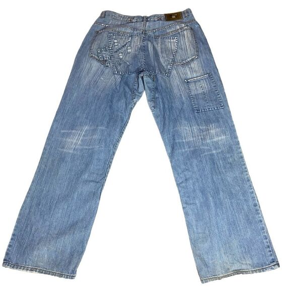 Azzure Patchwork Sz 36x34 Light Wash Button Fly Distressed Bootcut Denim Jeans - Picture 6 of 11